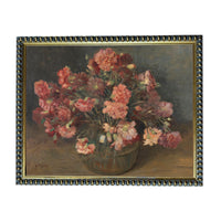 The image is an oil painting depicting a vase filled with pink and red flowers, placed on a table.