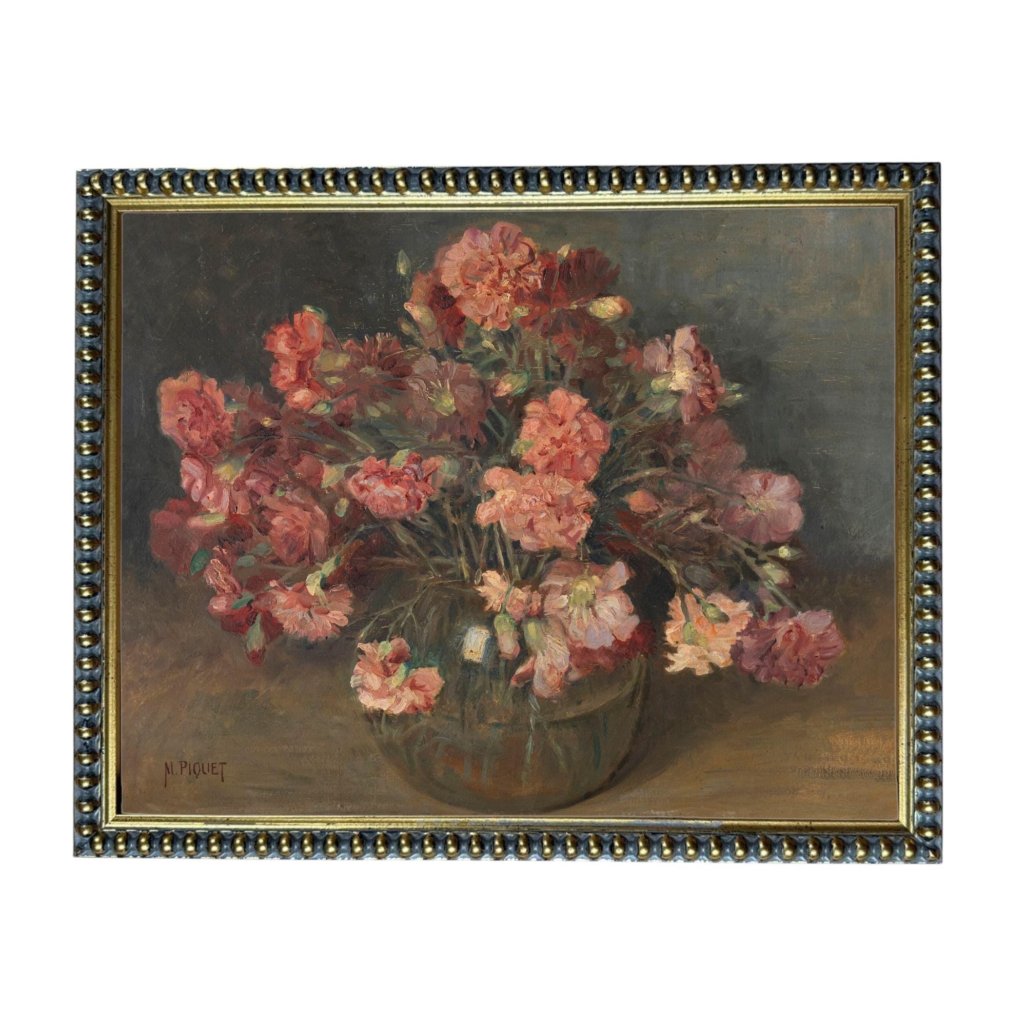 The image is an oil painting depicting a vase filled with pink and red flowers, placed on a table.