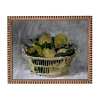 a basket filled with green pears, which are arranged in a visually appealing manner.