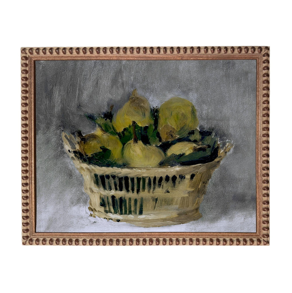 a basket filled with green pears, which are arranged in a visually appealing manner.