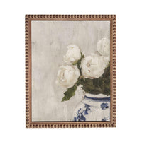 A framed painting depicting a vase filled with white roses against a light background.