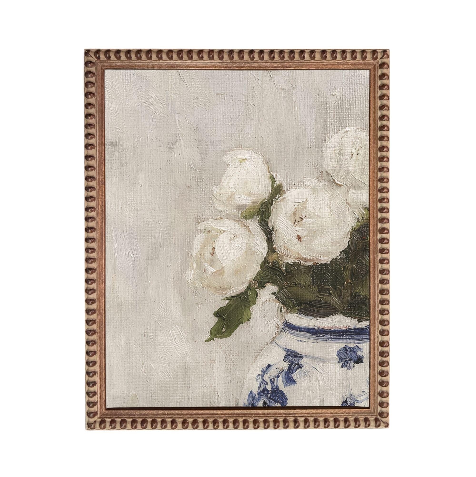 A framed painting depicting a vase filled with white roses against a light background.