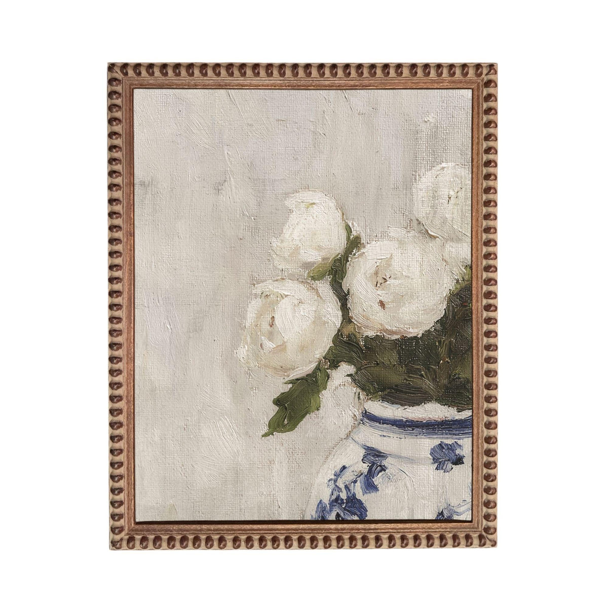 A framed painting depicting a vase filled with white roses against a light background.