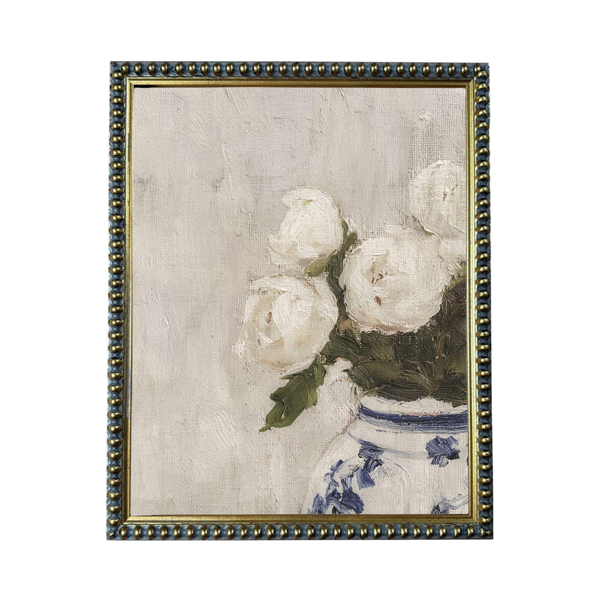 A framed painting depicting a vase filled with white flowers, with a blue and white patterned background.