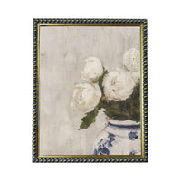 A framed painting depicting a vase filled with white flowers, with a blue and white patterned background.