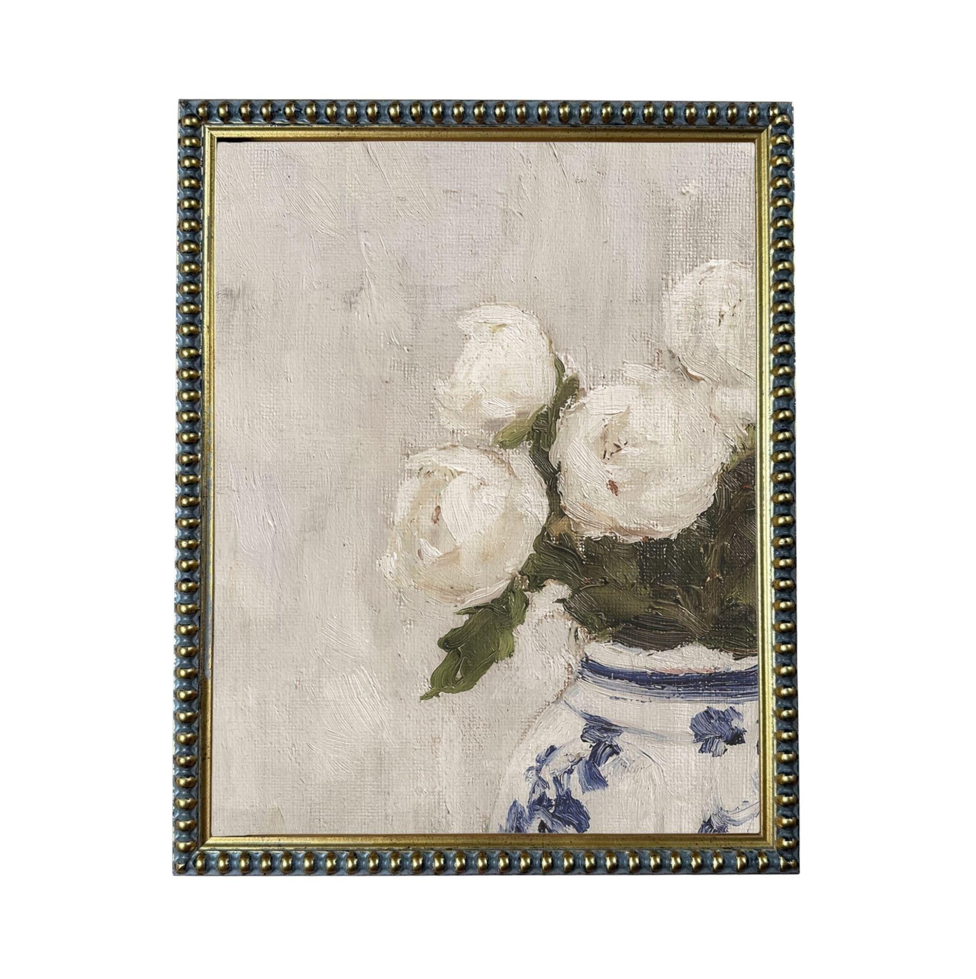 A framed painting depicting a vase filled with white flowers, with a blue and white patterned background.