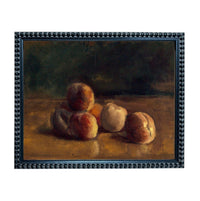 The image is a painting of several peaches arranged on a table.