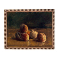 The image is an oil painting depicting a still life of several peaches arranged on a table.