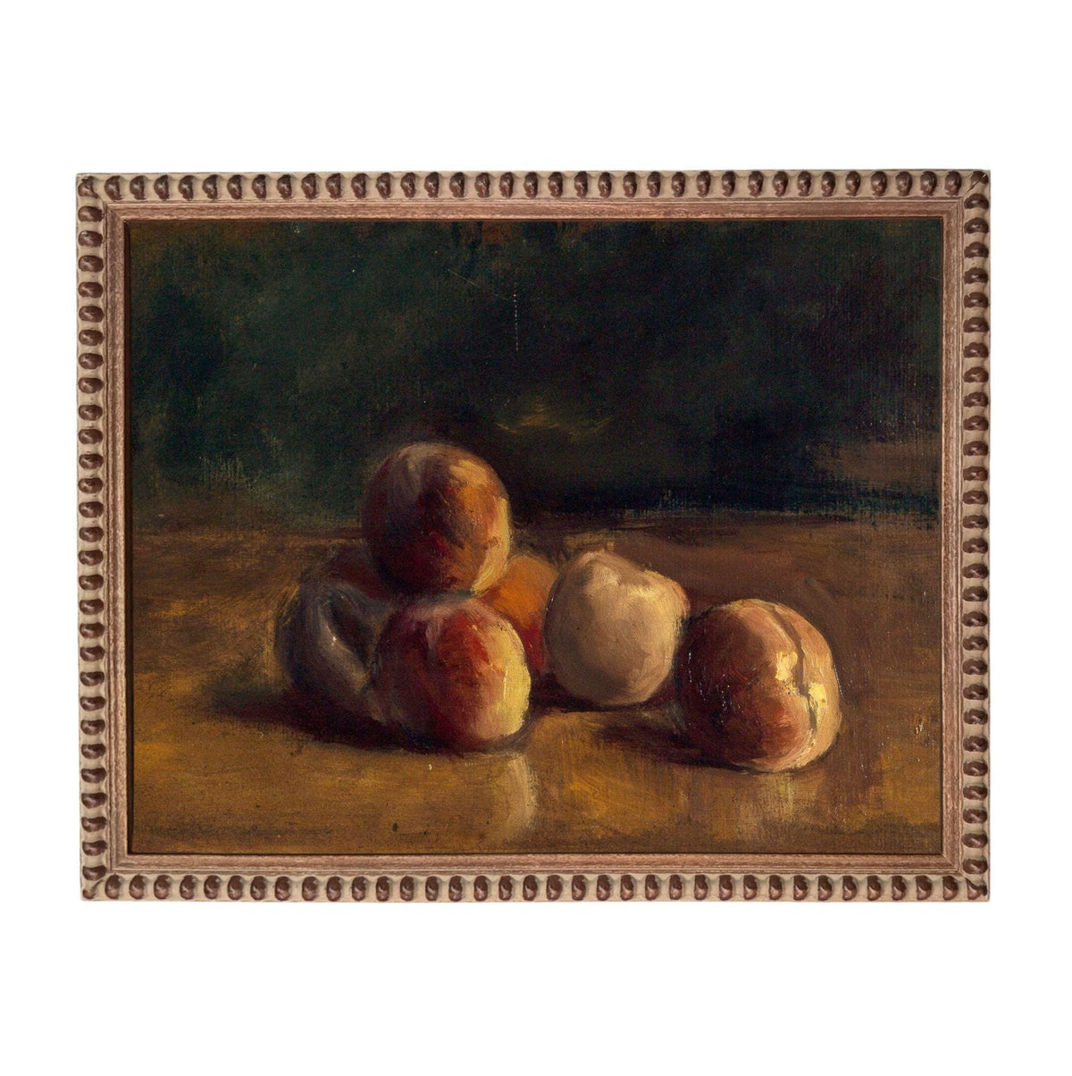 The image is an oil painting depicting a still life of several peaches arranged on a table.