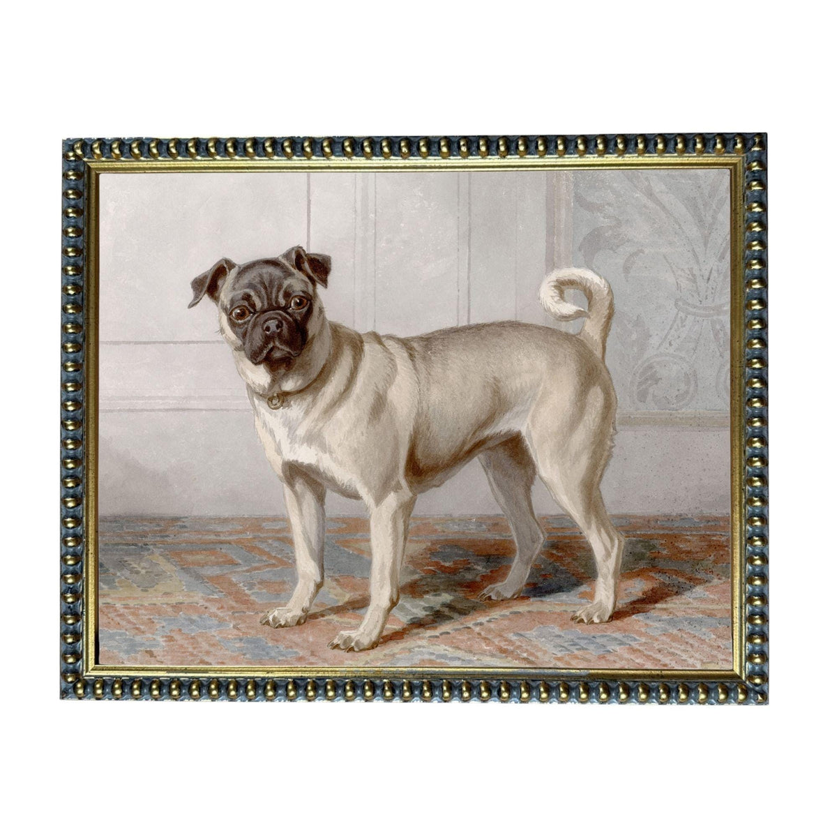 A pug dog standing on a rug in a room, with a decorative border around the frame.