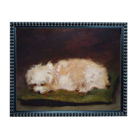 A painting of a small white dog resting on a green cushion.