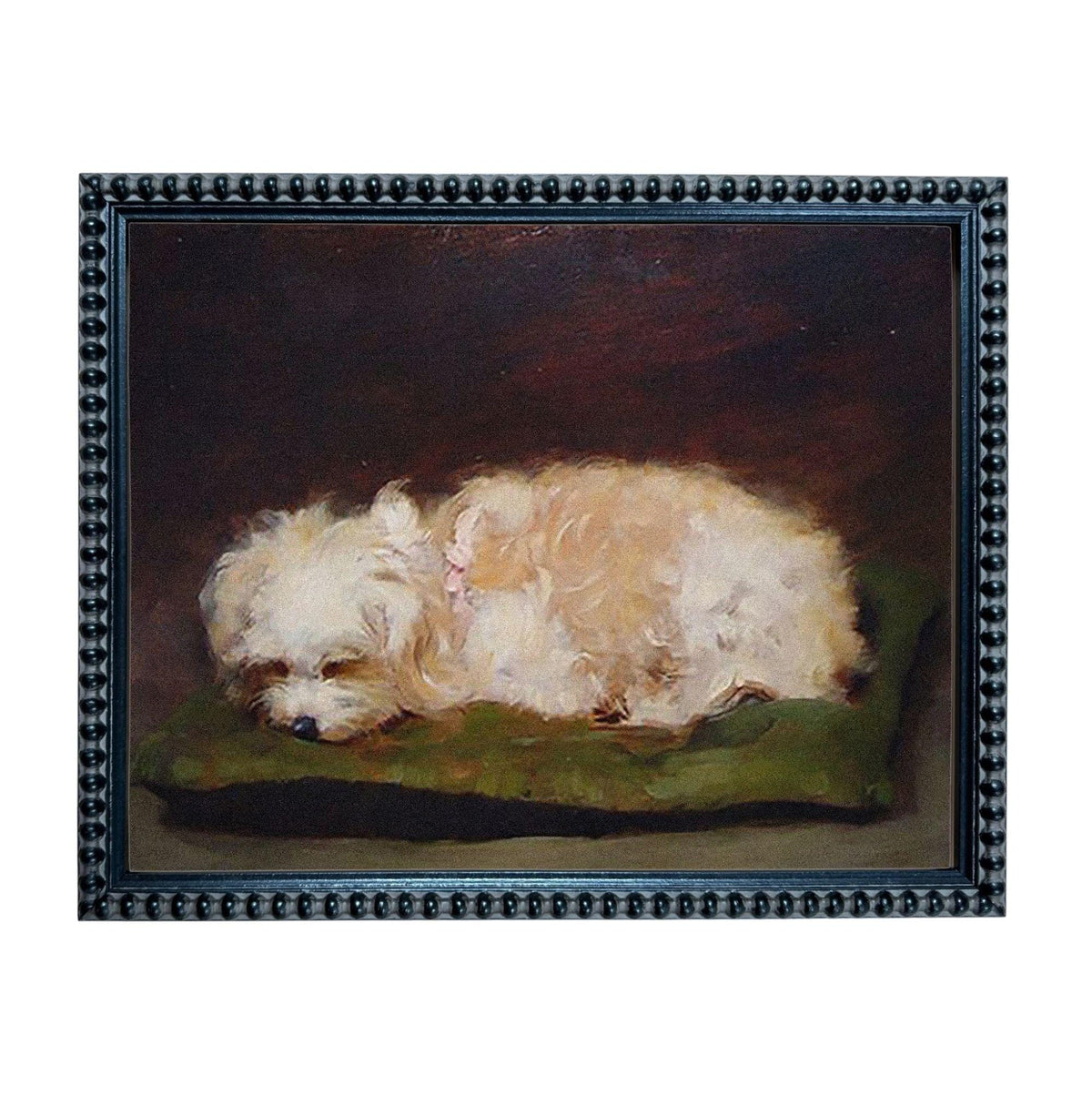A painting of a small white dog resting on a green cushion.