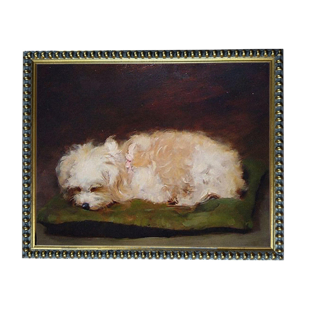 A painting of a small white dog resting on a green cushion.