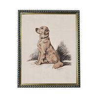 A framed drawing of a dog sitting on a surface.