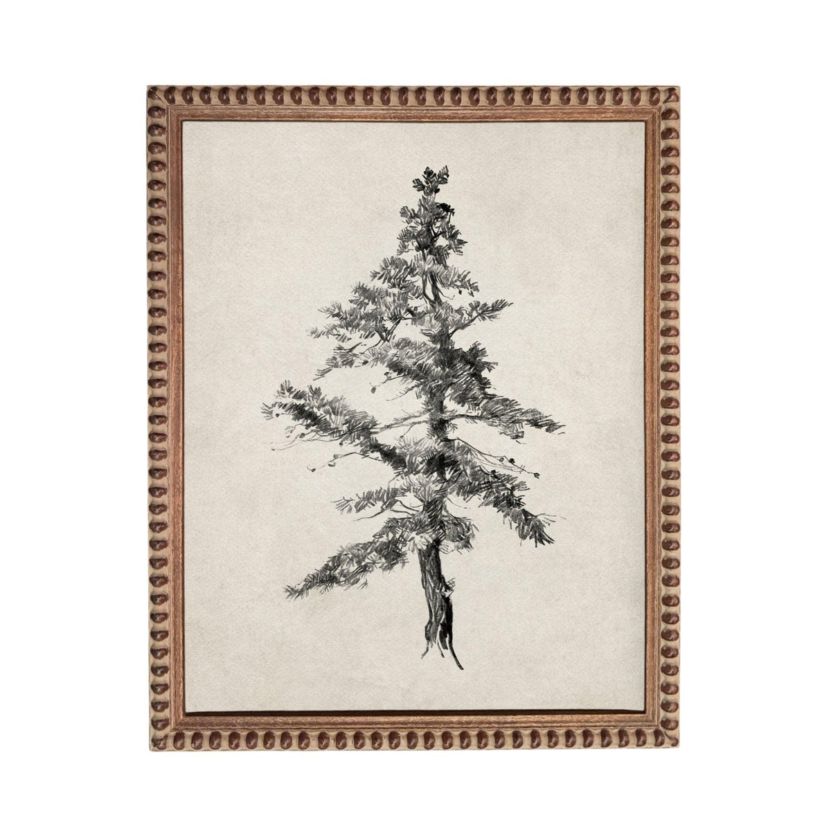 A framed black and white illustration of a tree with intricate details and a textured background.