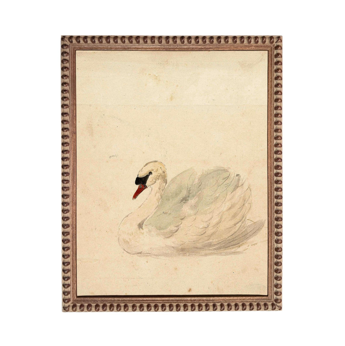 A painting of a swan in a brown frame.