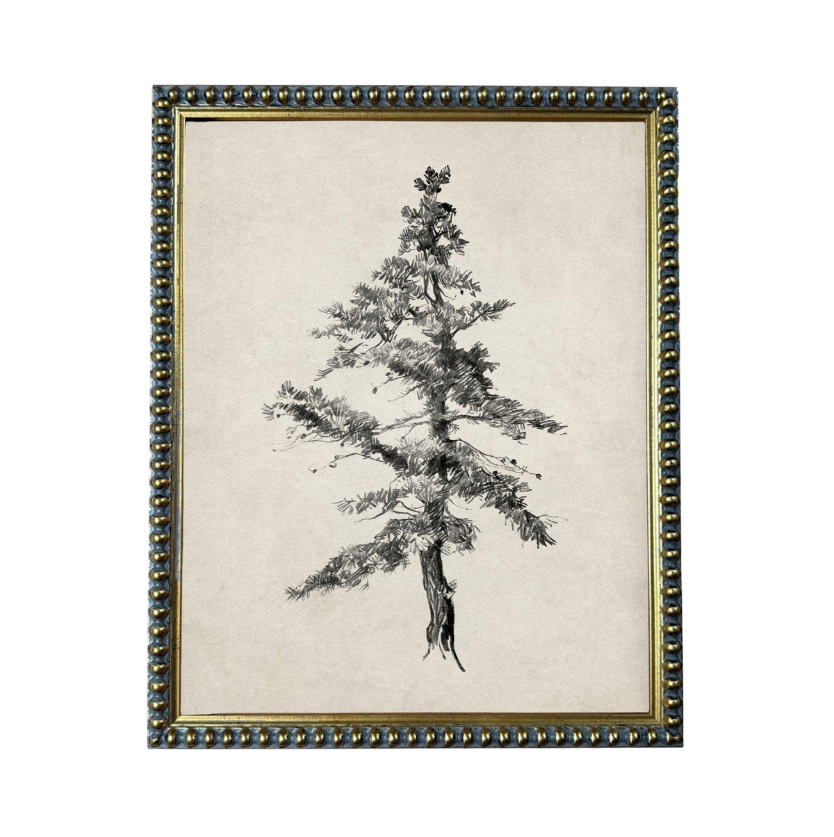 A framed black and white illustration of a tree with intricate branches and foliage.
