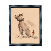 A framed painting depicting a dog sitting on the ground.