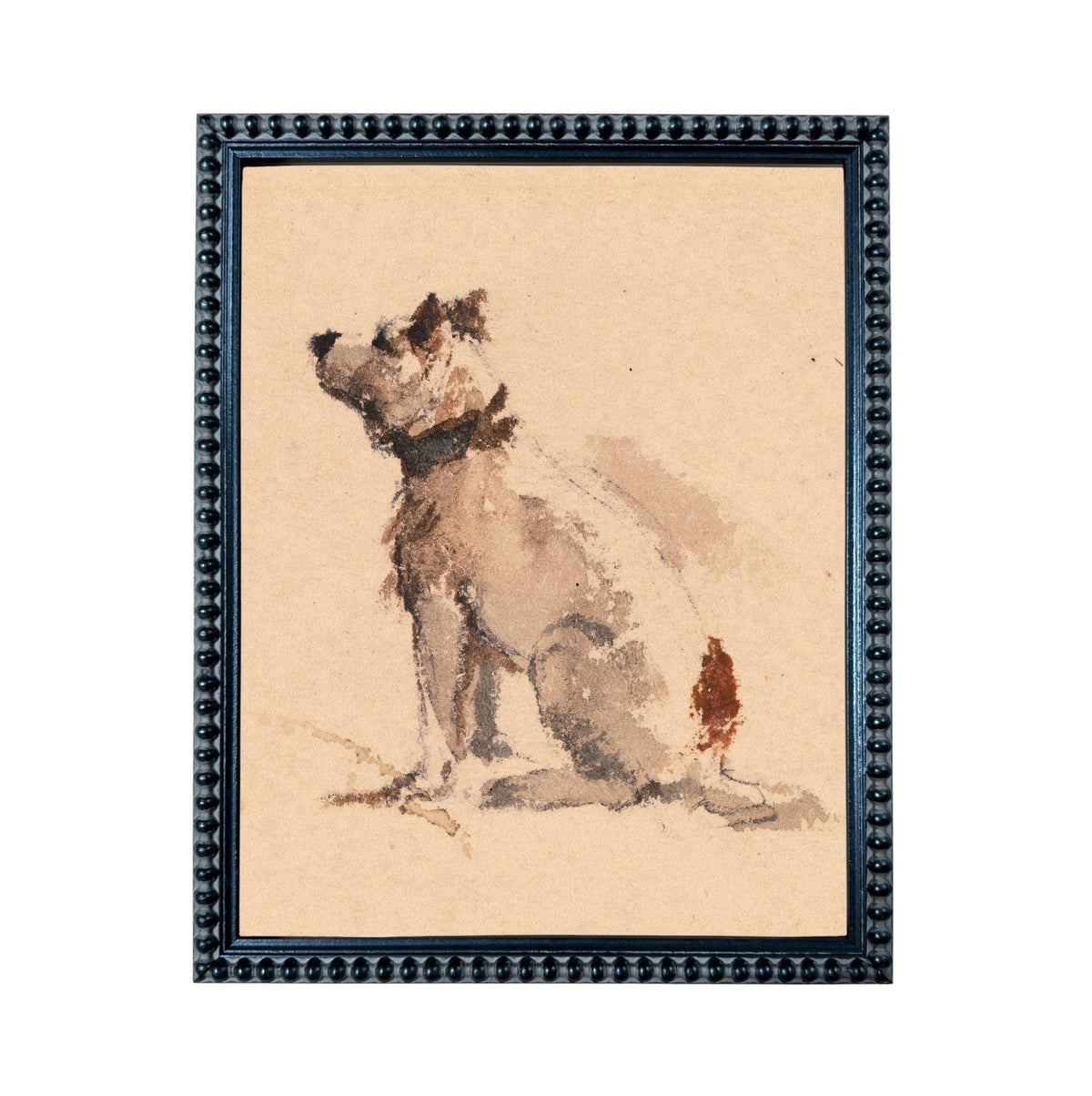 A framed painting depicting a dog sitting on the ground.