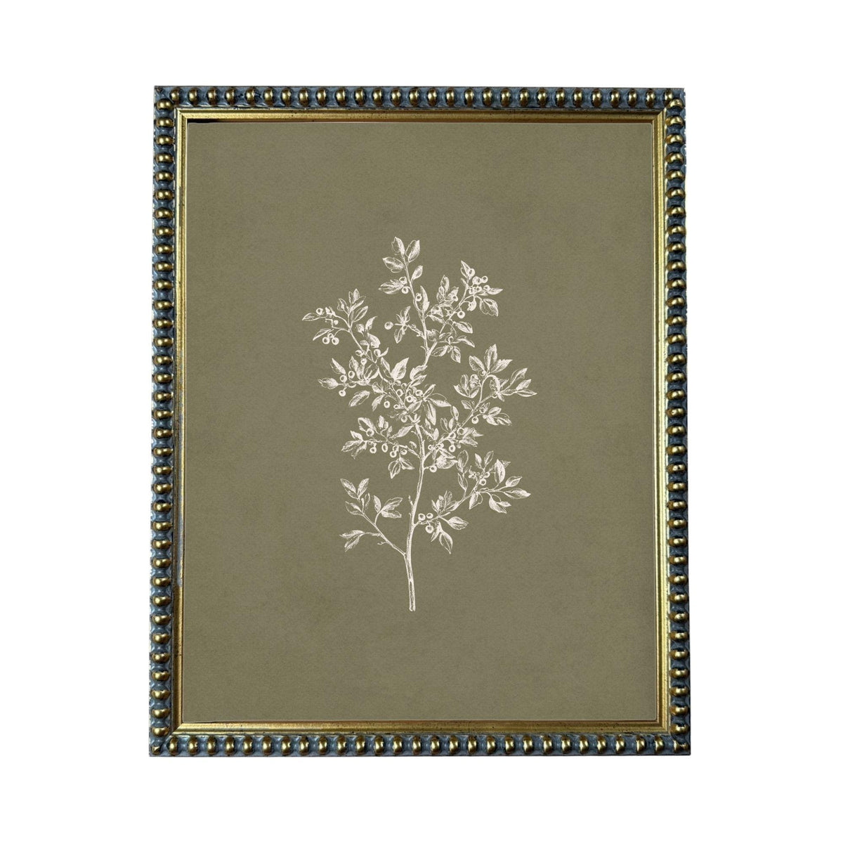 a framed print of a tree with white leaves against a dark green background.