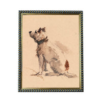 The image is a framed painting depicting a dog sitting on the ground.