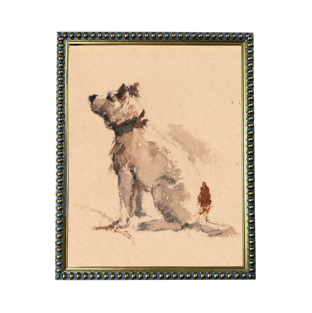 The image is a framed painting depicting a dog sitting on the ground.