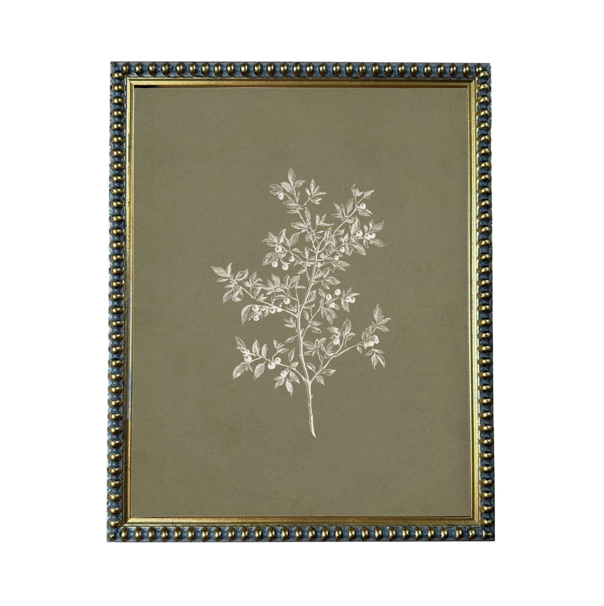 a framed print of a tree with white leaves against a dark green background.