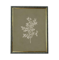 a framed print of a tree with white leaves against a dark green background.