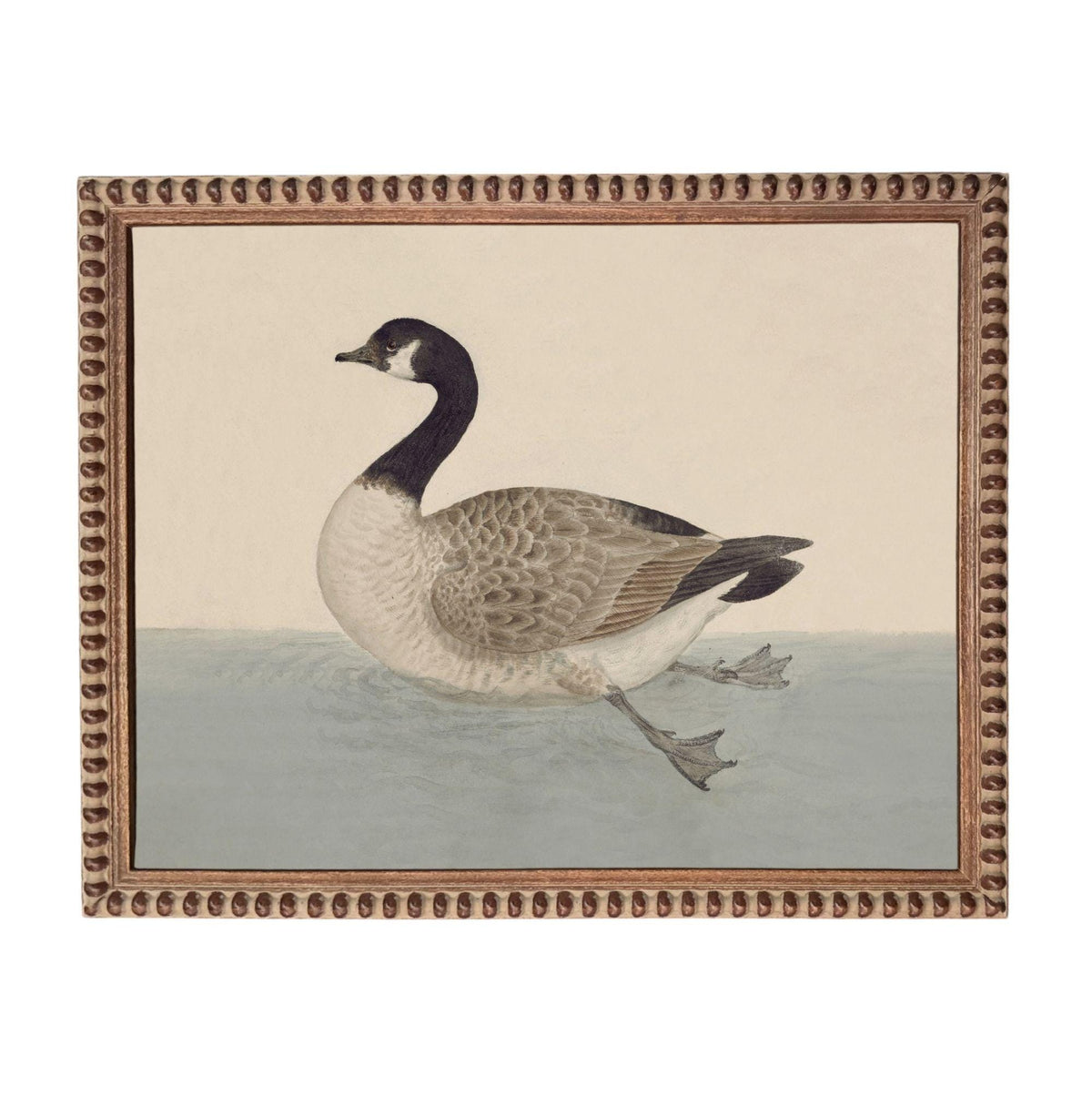 A painting of a duck swimming in a body of water, framed in an ornate brown frame.