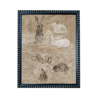 The image is a framed painting depicting various rabbits in different poses and positions.