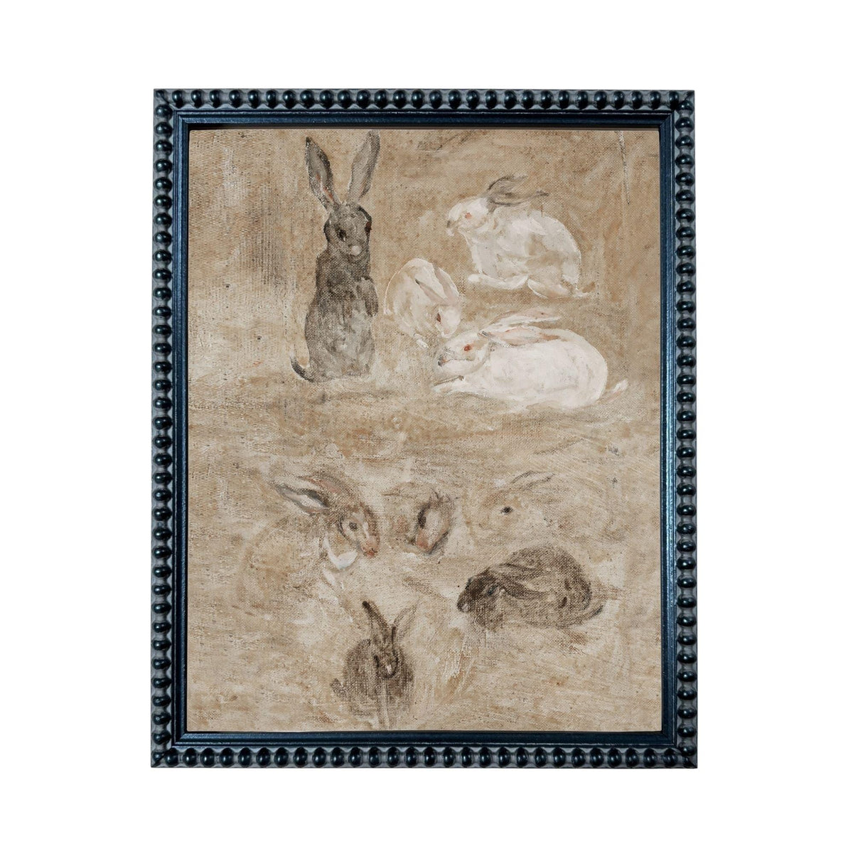 The image is a framed painting depicting various rabbits in different poses and positions.