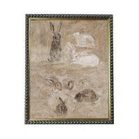 The image is a painting featuring a group of rabbits in various poses and positions, with some standing and others sitting or lying down. The painting is framed with a decorative border.