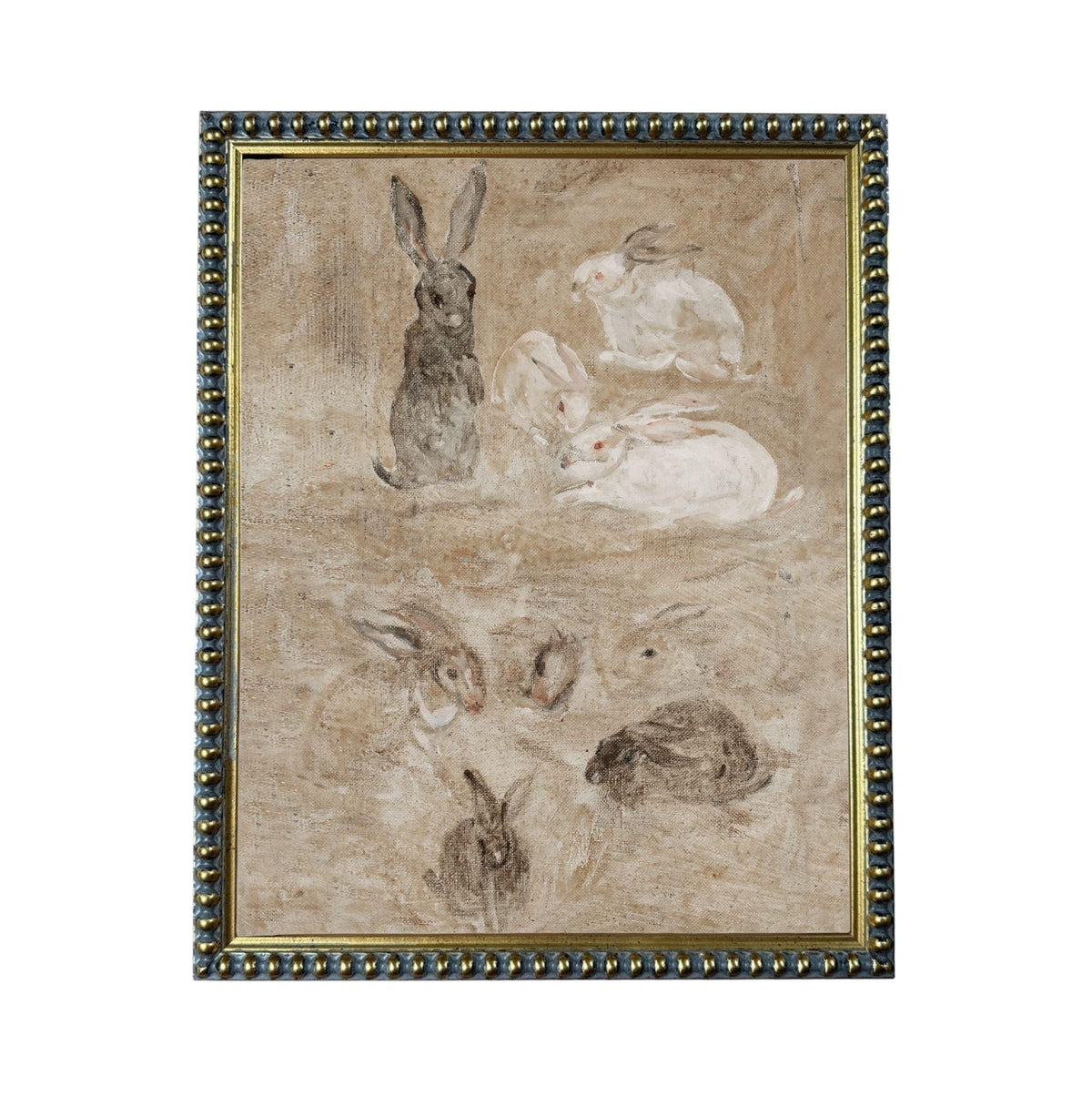 The image is a painting featuring a group of rabbits in various poses and positions, with some standing and others sitting or lying down. The painting is framed with a decorative border.