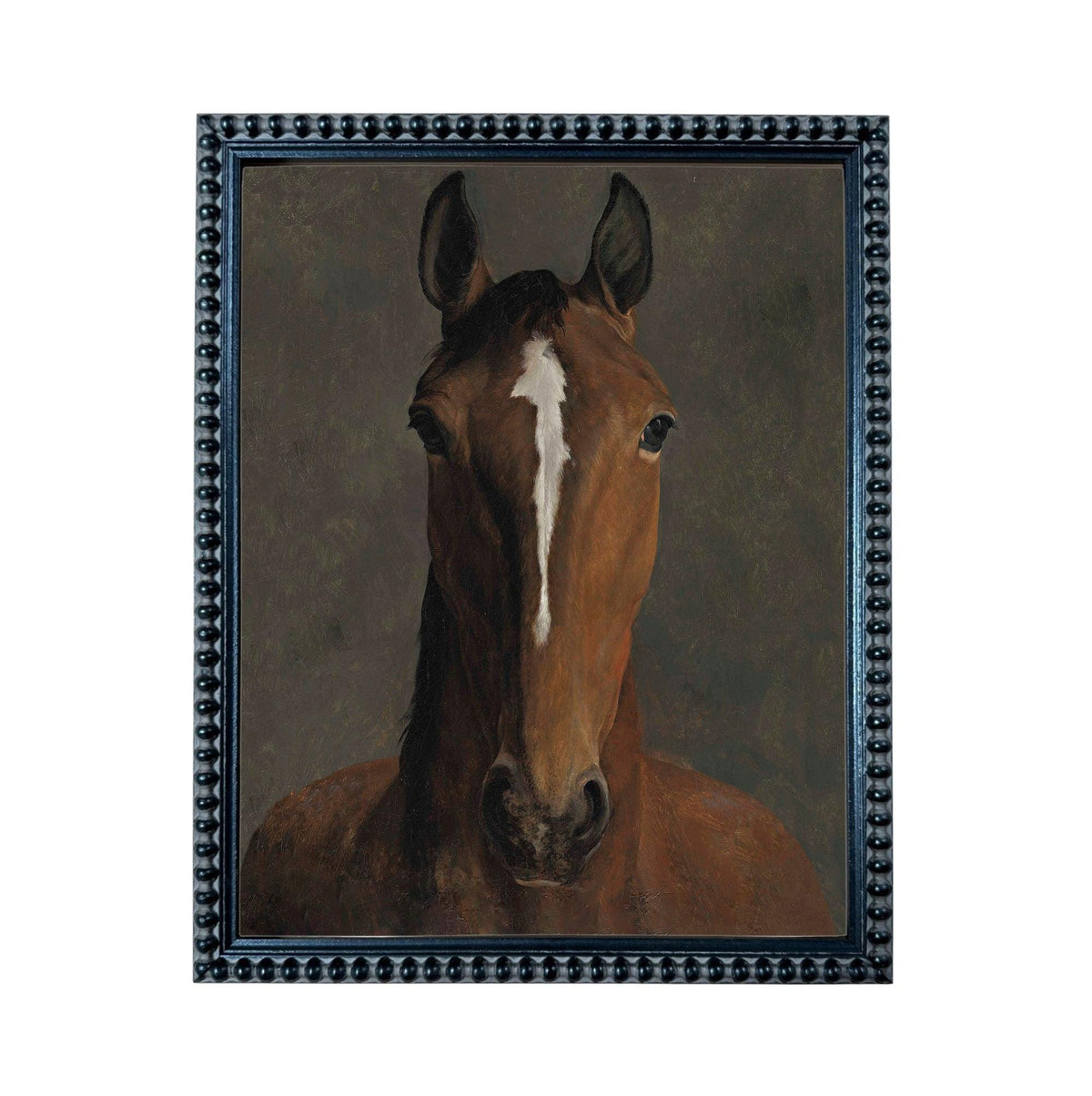 A painting of a horse with a white stripe on its forehead, set within a black frame.