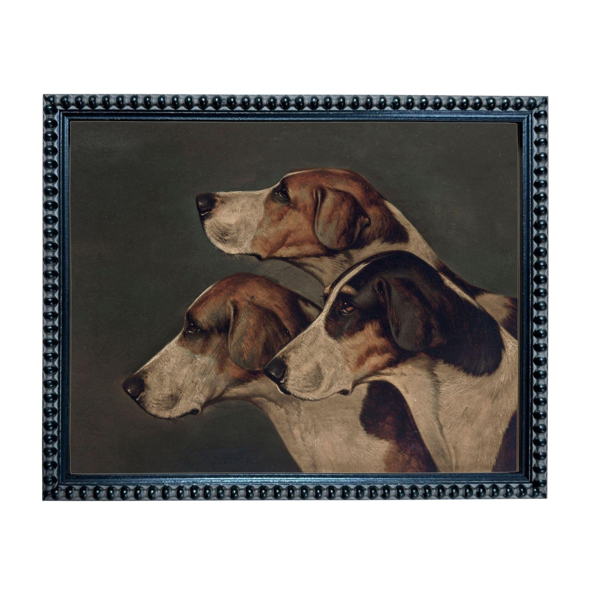 A framed painting depicting three hound dogs, likely beagles, with a dark background.