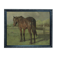 A painting of a horse standing in a grassy field, with a wooden fence and trees in the background.