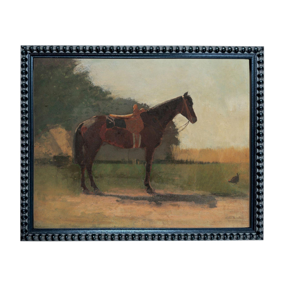a horse standing in a field, with a person riding on its back.