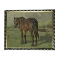A painting of a horse standing in a grassy field, with a cloudy sky in the background.