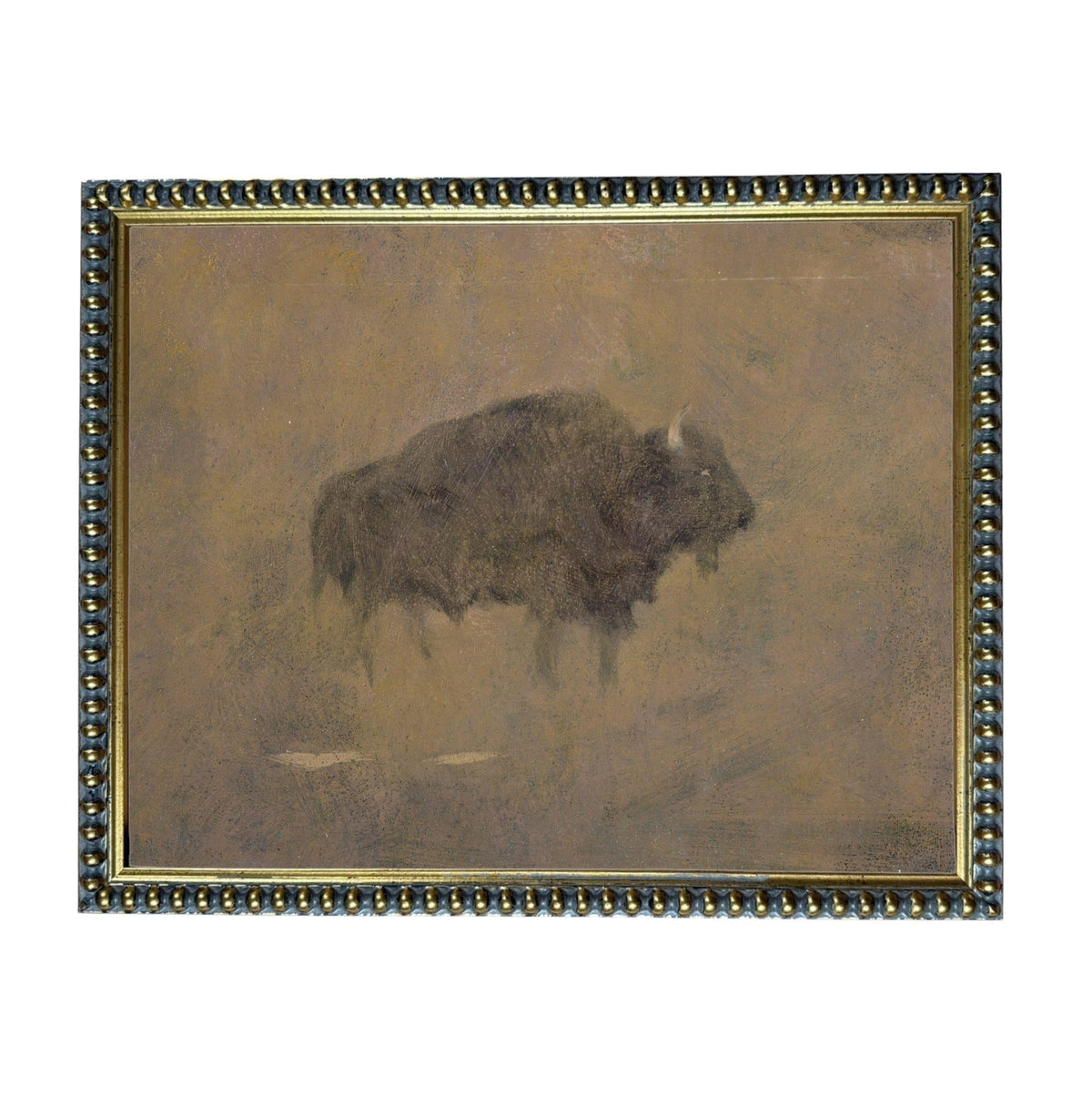 a large, dark-colored animal, possibly a bison or a buffalo, standing in a field.