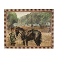 The image is a painting depicting a man standing next to a horse in a field, with other people and horses visible in the background.