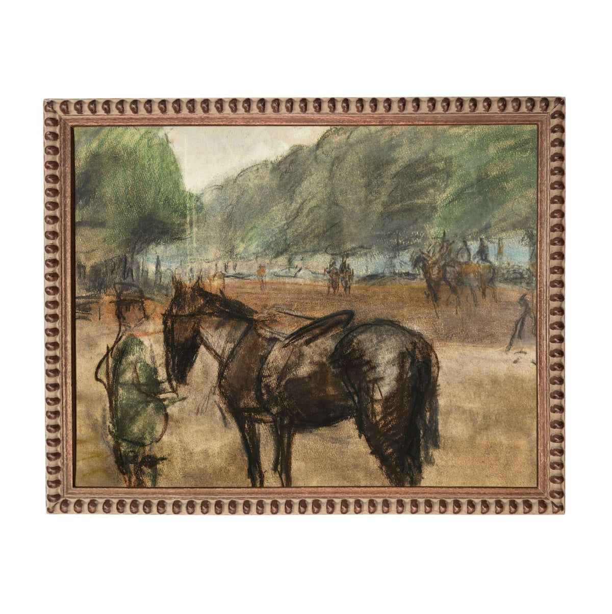 The image is a painting depicting a man standing next to a horse in a field, with other people and horses visible in the background.