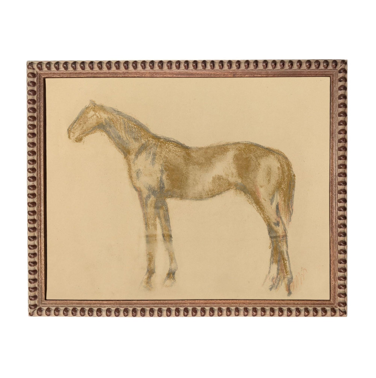 A framed drawing of a horse in a brown frame.