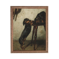 two dogs standing on their hind legs, with one dog on a wooden table and the other dog on the floor.