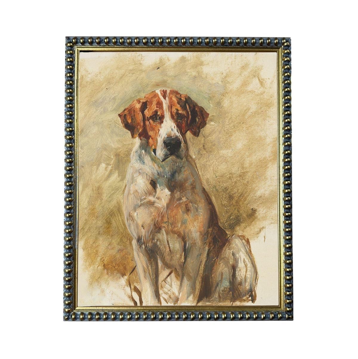 The image is a painting of a dog, likely a hunting dog, sitting in a field.