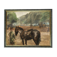 The image is a painting depicting a horse and a person in a rural setting, with other horses visible in the background.