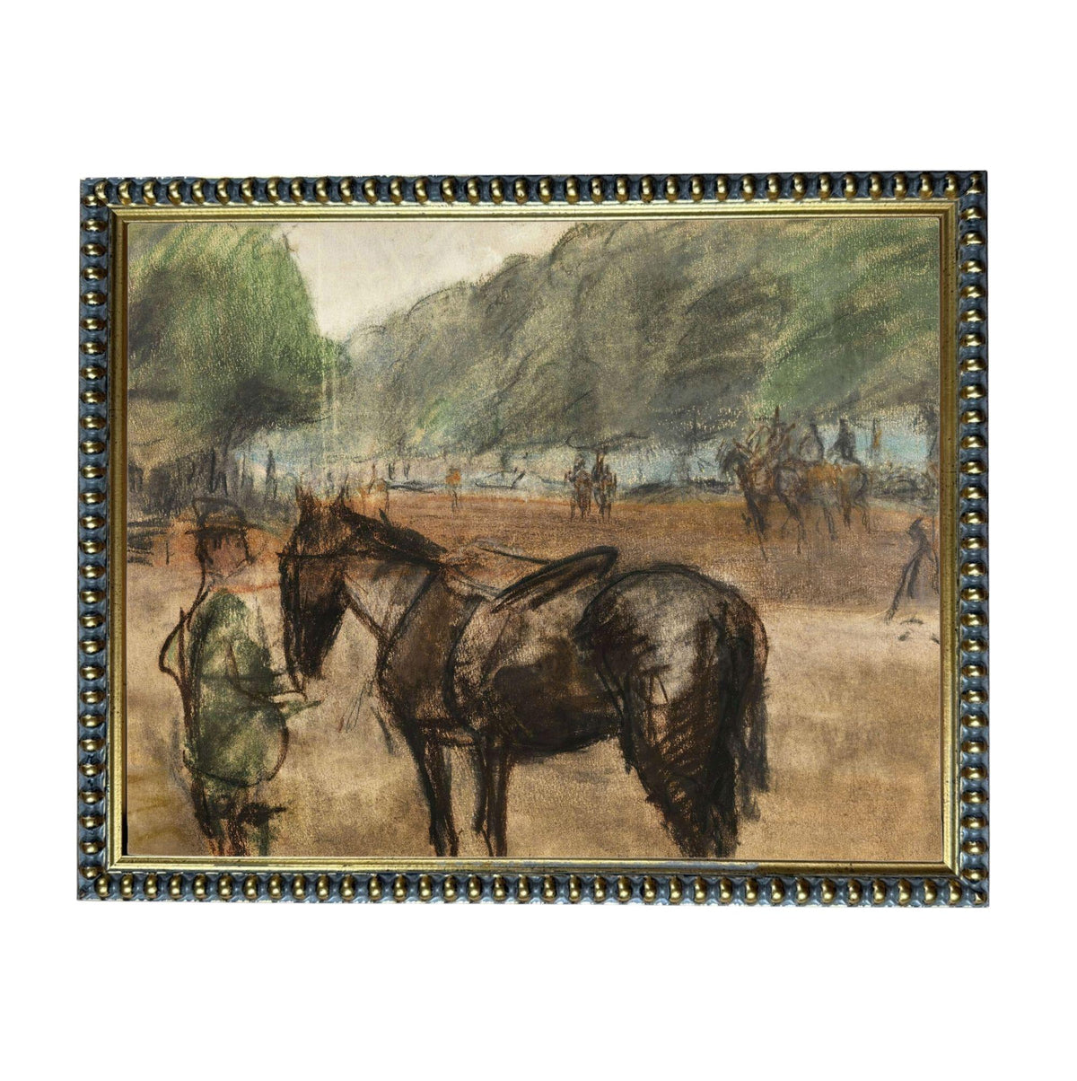 The image is a painting depicting a horse and a person in a rural setting, with other horses visible in the background.
