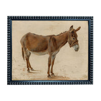 A painting of a donkey in a brown color, standing on a dirt surface.