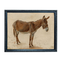 A painting of a donkey in a brown color, standing on a dirt surface.