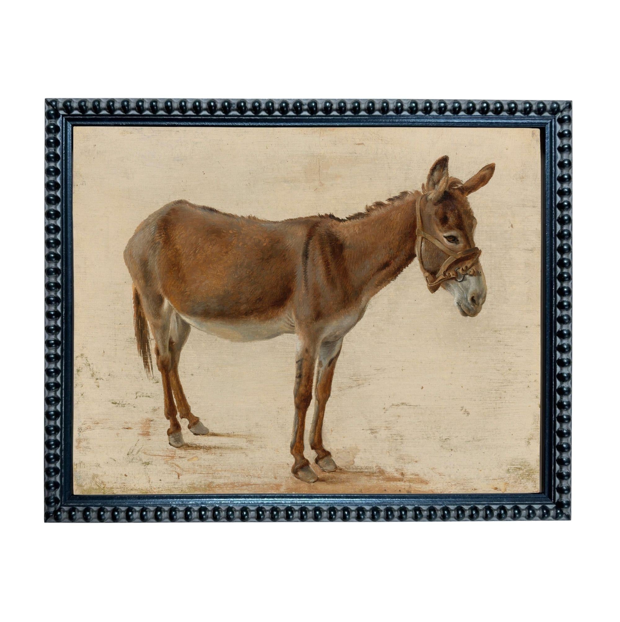 A painting of a donkey in a brown color, standing on a dirt surface.