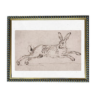 A framed drawing of a hare in mid-stride, depicted in a sketch-like style.